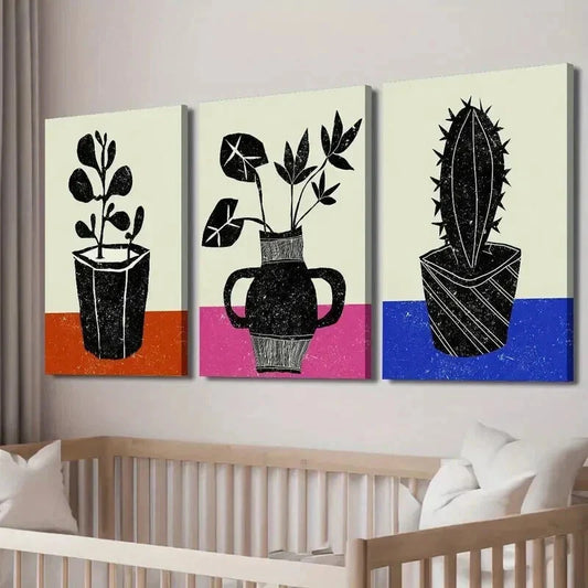 3pcs Botanical Leaf Cactus Silhouette Wall Art Set Canvas Framed 40x60cm - High Quality Print 100% Australian Made Wall Canvas Ready to Hang