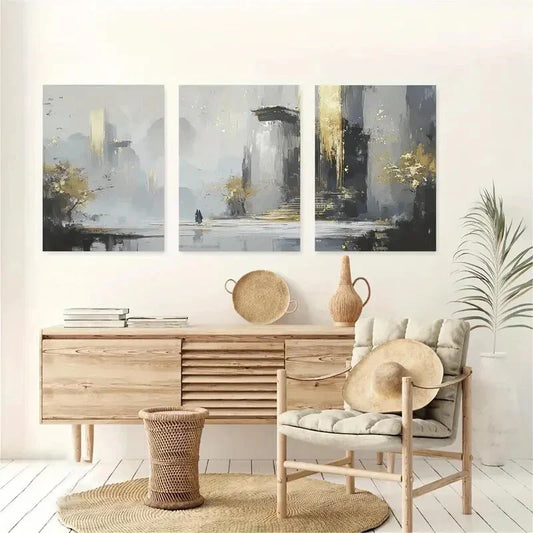 3pcs Black Abstract with Gold Accents Metal Print Ready to Hang Art