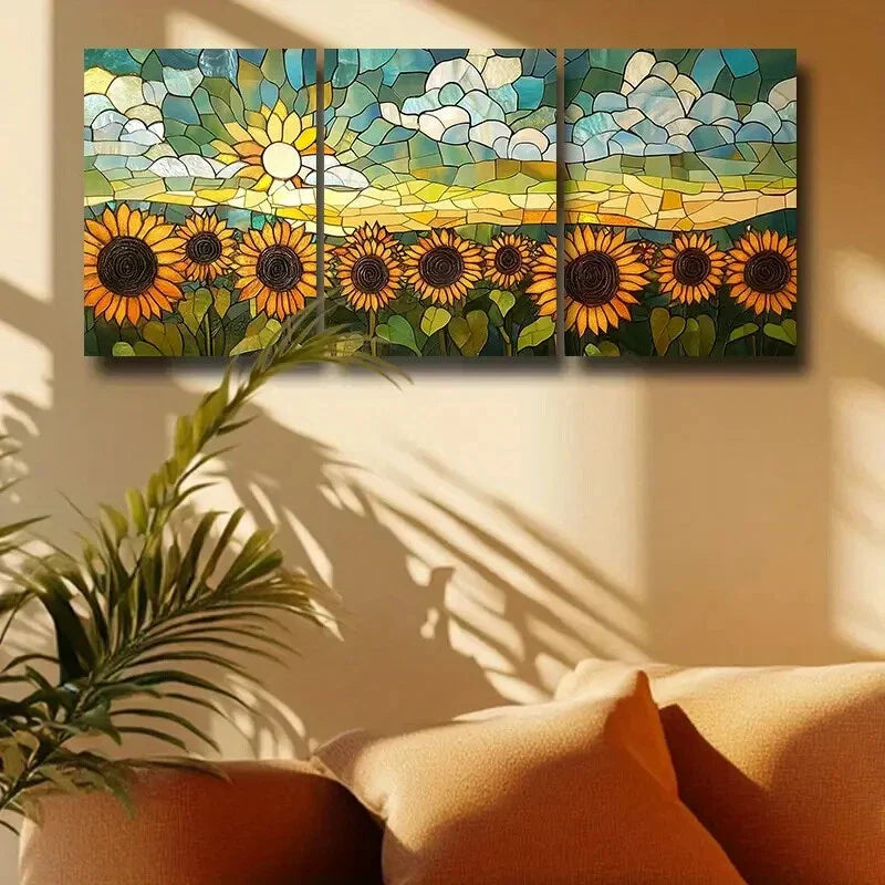 3pcs Vibrant Yellow & Orange Sunflowers in a Field Design Metal Print Ready to Hang Art