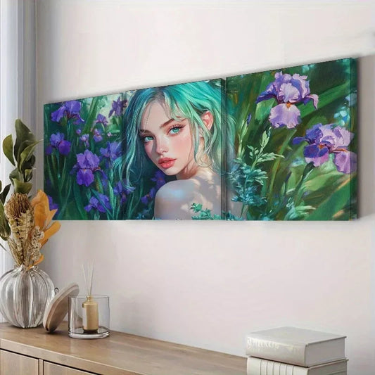 3pcs   Purple Flowers Lady With Green Eyes Wall Art Set Canvas Framed 40x60cm - High Quality Print 100% Australian Made Wall Canvas Ready to Hang