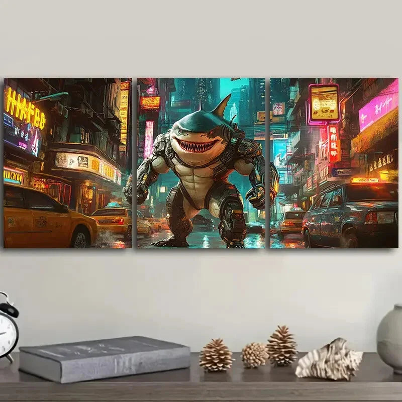 3pcs Shark Warrior  Wall Art Set Canvas Framed 40x60cm - High Quality Print 100% Australian Made Wall Canvas Ready to Hang
