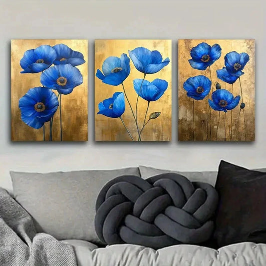 3pcs The blue poppy in Golden leaf Metal Print Ready to Hang Art