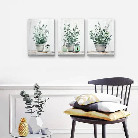 3pcs  Artwork of Green Leaves in Vases Metal Print Ready to Hang Art