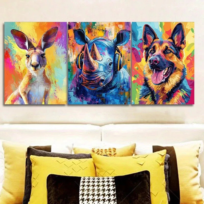 3pcs  Featuring Animals In Colorful Background Wall Art Set Canvas Framed 40x60cm - High Quality Print 100% Australian Made Wall Canvas Ready to Hang