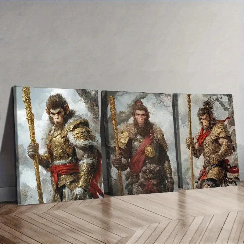 3pcs The Monkey King Mythology Theme  Wall Art Set Canvas Framed 40x60cm - High Quality Print 100% Australian Made Wall Canvas Ready to Hang