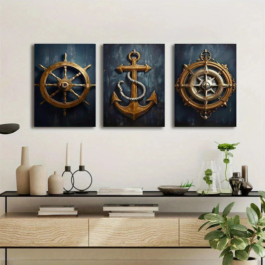 3pcs Navy Blue and Gold Coast Metal Print Ready to Hang Art