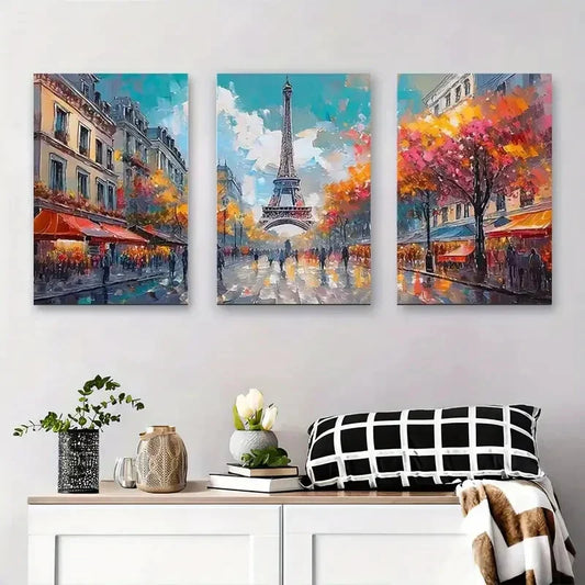 3pcs Paris Eiffel Tower Street Scene Metal Print Ready to Hang Art