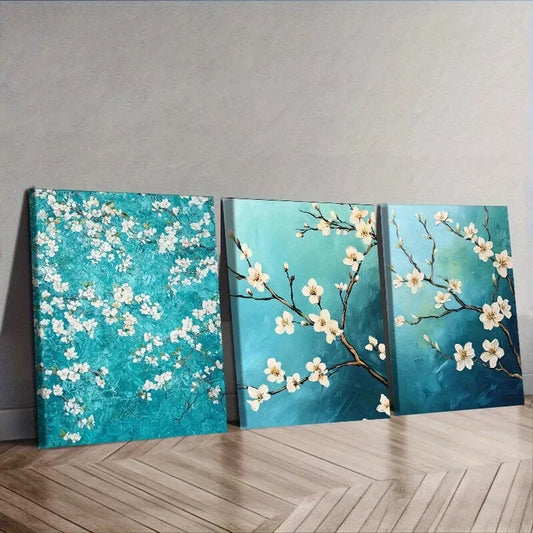 3pcs Green And White Blooming Almond Trees  Wall Art Set Canvas Framed 40x60cm - High Quality Print 100% Australian Made Wall Canvas Ready to Hang