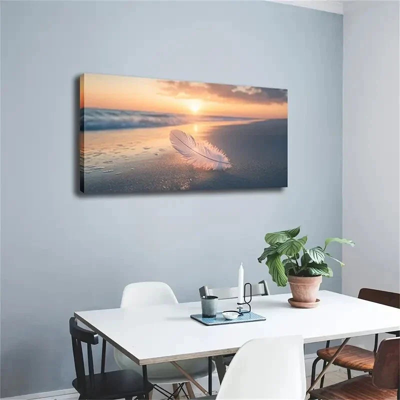 A White Feather Placed Beach Wall Art Canvas Office Home Room Framed 120x60cm