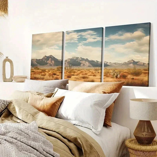 3pcs Vibrant Mountain Range & Cactus Scene Wall Art Set Canvas Framed 40x60cm - High Quality Print 100% Australian Made Wall Canvas Ready to Hang