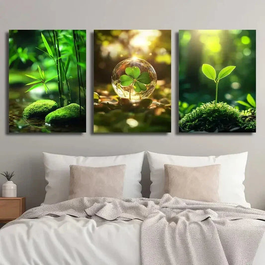 3pcs Green Natural Bamboo Leaves Glass Metal Print Ready to Hang Art