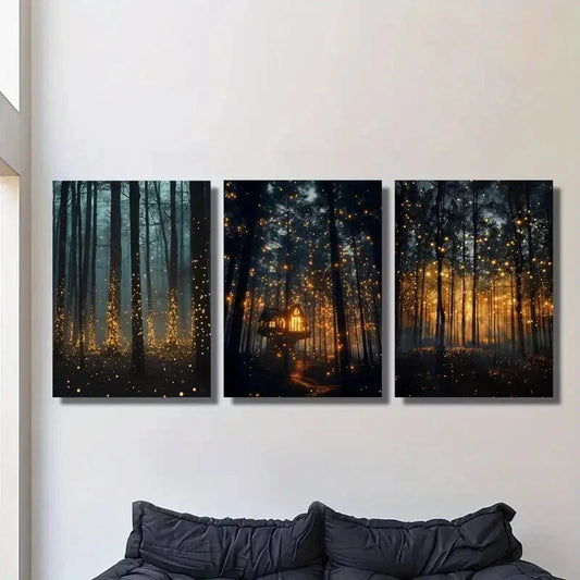 3pcs Firefly magic forest, dreamy Metal Print Ready to Hang Art