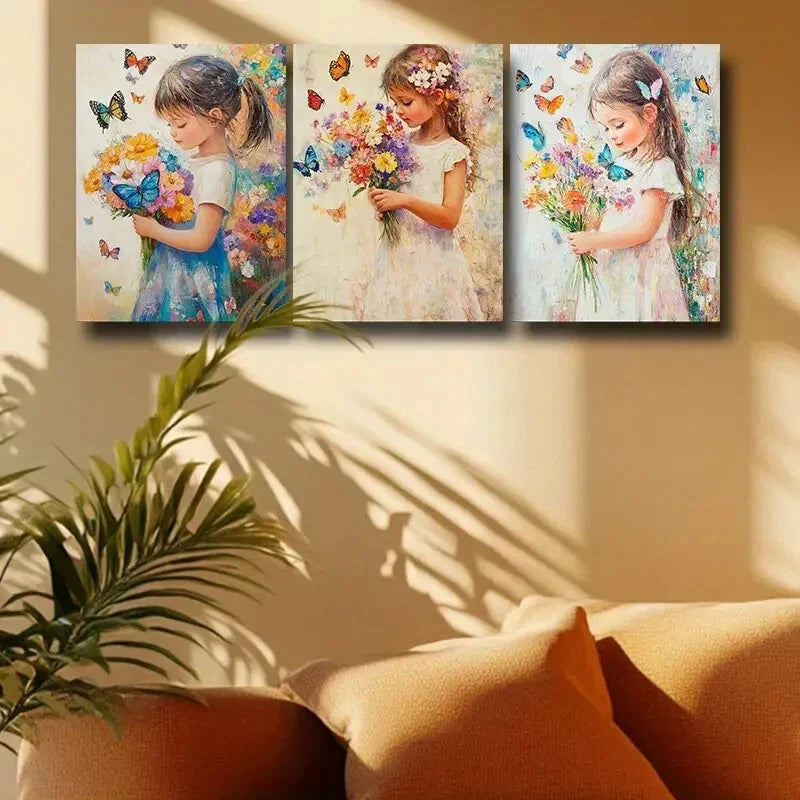 3pcs A Girl holding Flowers Design Metal Print Ready to Hang Art