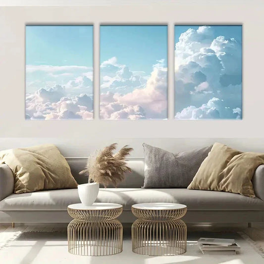 3pcs White Clouds and Blue Sky Metal Print Ready to Hang Art