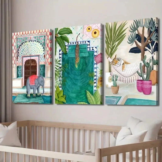 3pcs Moroccan Nordic Jungle Elephant Tiger Wall Art Set Canvas Framed 40x60cm - High Quality Print 100% Australian Made Wall Canvas Ready to Hang