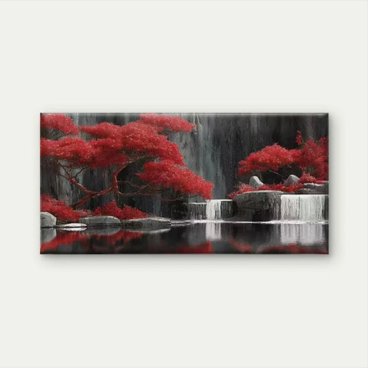 Waterfall & Red Trees Landscape Wall Art Canvas Office Home Room Framed 80x45cm