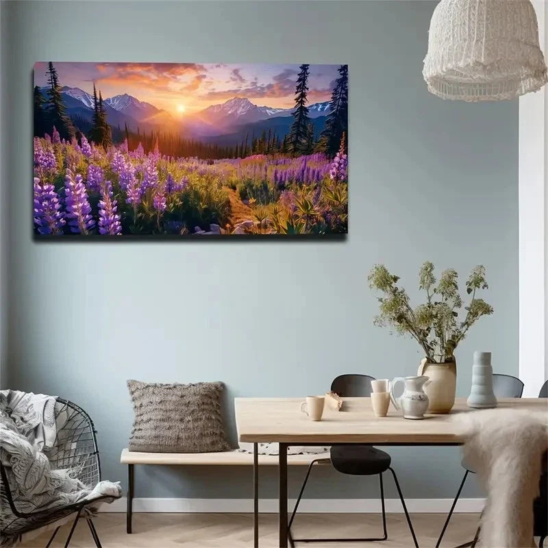 Vibrant Purple Flowers Under Wall Art Canvas Office Home Room Framed 80x45cm