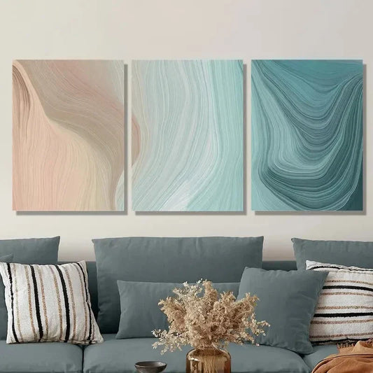 3pcs Swirling Brown & Turquoise Lines Wall Art Set Canvas Framed 40x60cm - High Quality Print 100% Australian Made Wall Canvas Ready to Hang