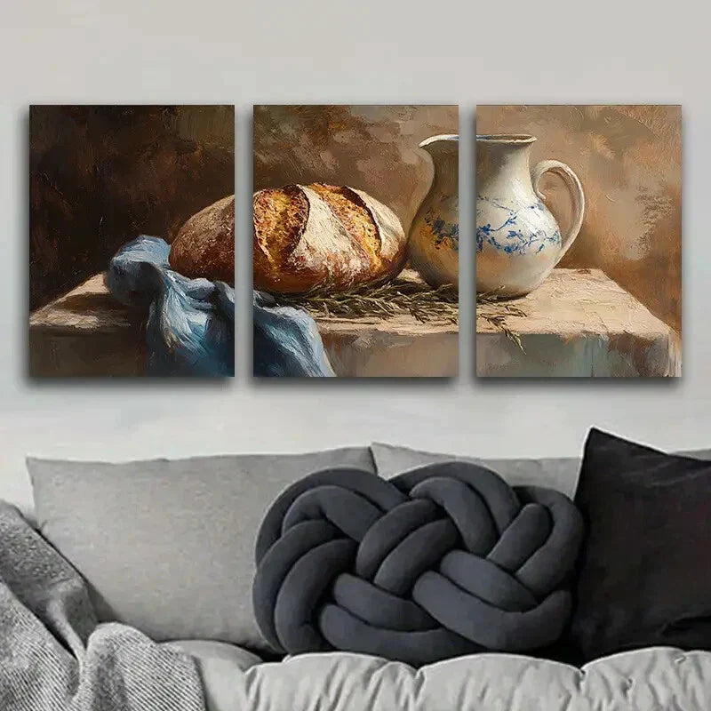3pcs  Still life of bread and kettle  Metal Print Ready to Hang Art