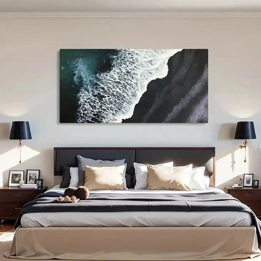Black Sand Beach Sea Wave Wall Art Canvas Office Home Room Framed 80x45cm