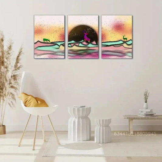 3pcs Sika deer, mountains, landscape Metal Print Ready to Hang Art