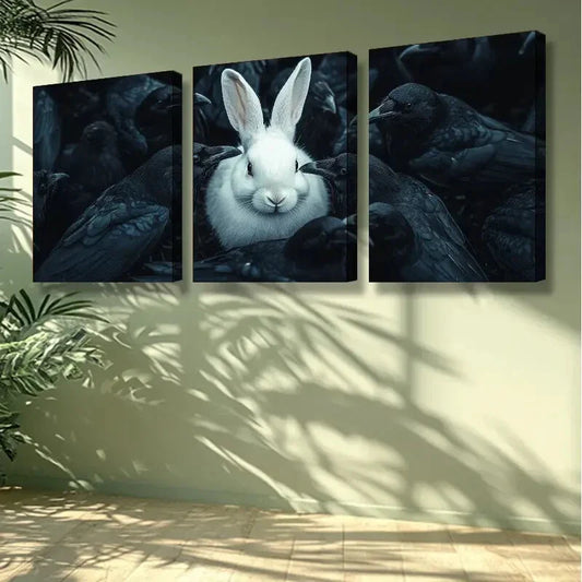 3pcs  White rabbit, crow Wall Art Set Canvas Framed 40x60cm - High Quality Print 100% Australian Made Wall Canvas Ready to Hang