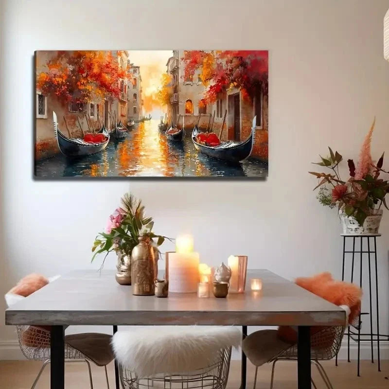 Venice Gondolas Acrylic Paint Wall Art Canvas Office Home Room Framed 120x60cm
