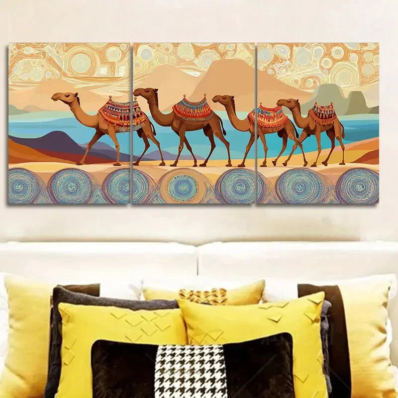 3pcs  Decor with Camels, Dunes & Sunset Metal Print Ready to Hang Art
