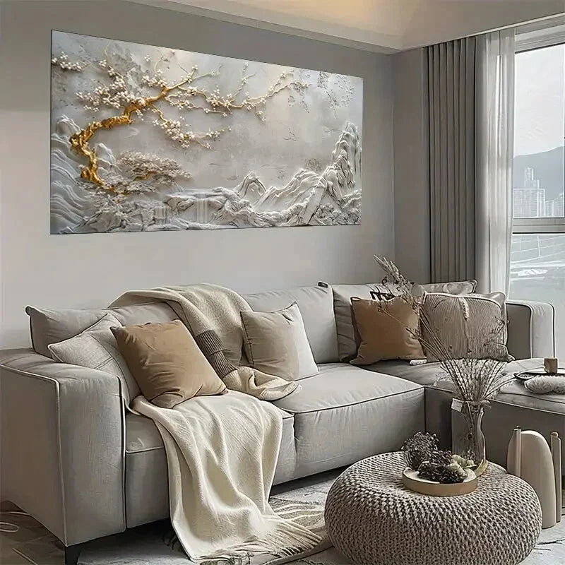 Elegant White Tree & Golden Wall Art wall canvas office home room framed 120x60cm