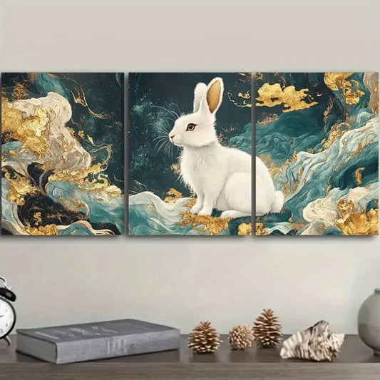 3pcs White Rabbit Embroidery Metal Print Ready to Hang Art