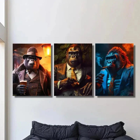 3pcs Artistic Monkey Suit Classic Modern Animal Metal Print Ready to Hang Art