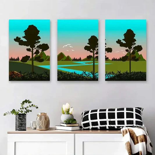 3pcs Abstract Landscape with Trees and River Metal Print Ready to Hang Art