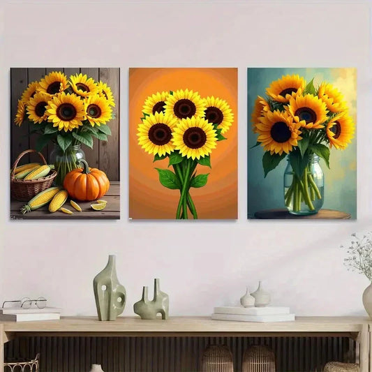 3pcs Vibrant Sunflower Basket of Corn & Pumpkins Metal Print Ready to Hang Art