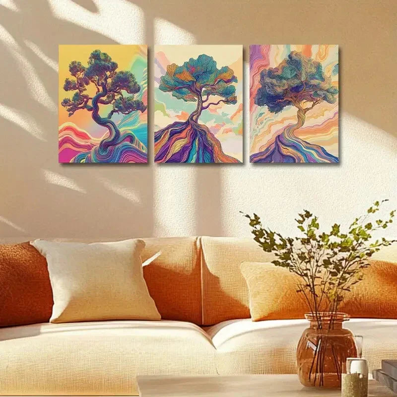 3pcs Modern Colorful Abstract Tree Design Metal Print Ready to Hang Art
