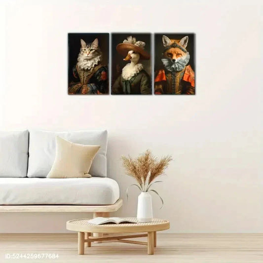 3pcs Elegant Renaissance Attire Animal Paintings Metal Print Ready to Hang Art
