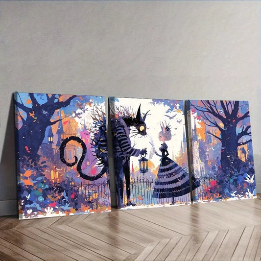 3pcss Whimsical Cat & Girl Design Strange   Wall Art Set Canvas Framed 40x60cm - High Quality Print 100% Australian Made Wall Canvas Ready to Hang