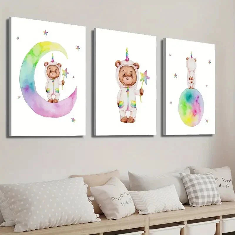 3pcs Watercolor Style Unicorn Bear Wall Art Set Canvas Framed 40x60cm - High Quality Print 100% Australian Made Wall Canvas Ready to Hang