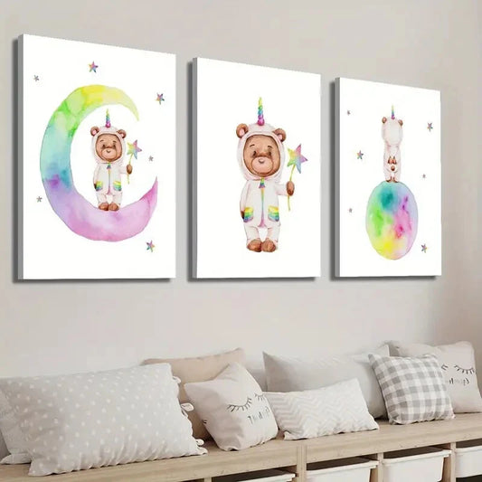 3pcs Watercolor Style Unicorn Bear Wall Art Set Canvas Framed 40x60cm - High Quality Print 100% Australian Made Wall Canvas Ready to Hang