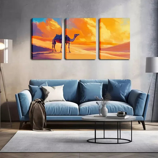 3pcs Vibrant Desert Camel Triptych  Wall Art Set Canvas Framed 40x60cm - High Quality Print 100% Australian Made Wall Canvas Ready to Hang