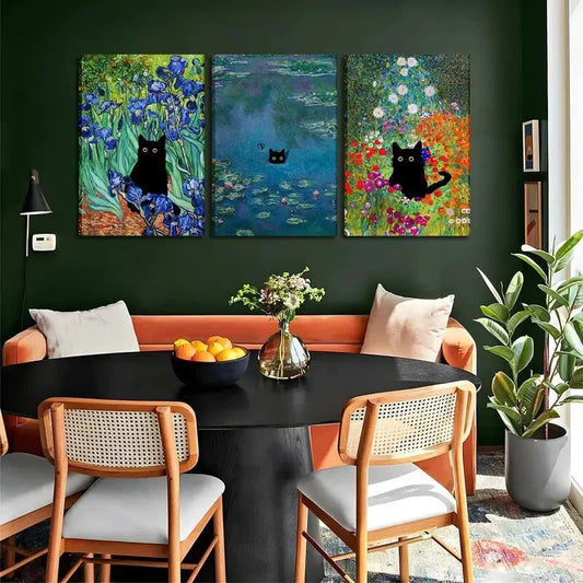 3pcs Funny Cat in Water Lilies Garden Flowers Metal Print Ready to Hang Art