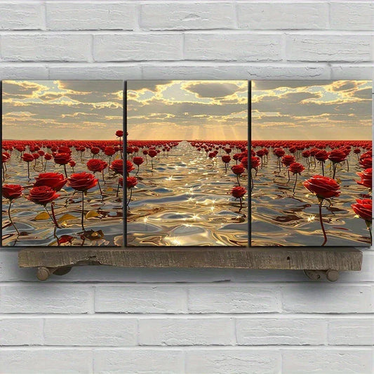 3pcs Embossed Rose River Decorative Metal Print Ready to Hang Art