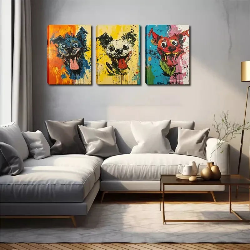3pcs Tongue-Out Dog Illustrations Wall Art Set Canvas Framed 40x60cm - High Quality Print 100% Australian Made Wall Canvas Ready to Hang