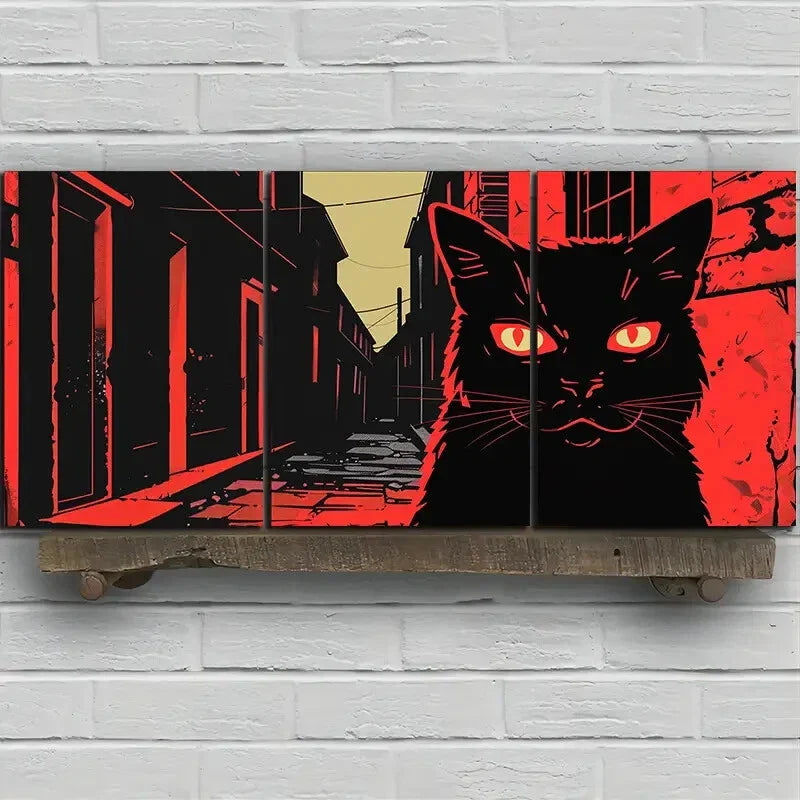 3pcs Black Cat Modern Stunning Red Eyes Metal Print Ready to Hang Art