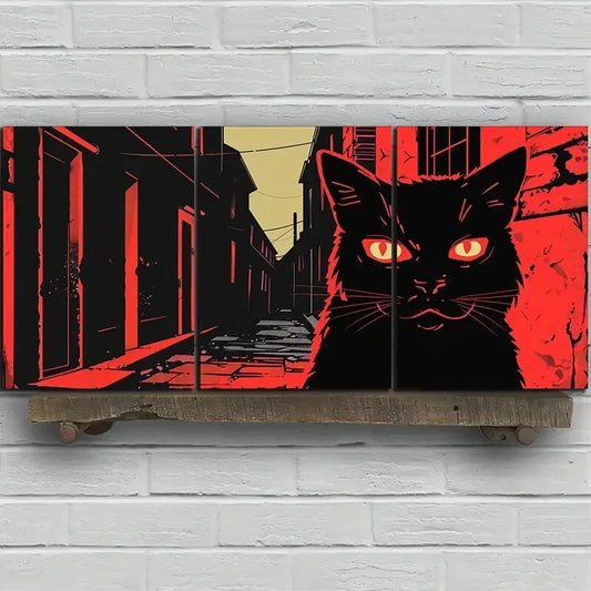 3pcs Black Cat Modern Stunning Red Eyes Metal Print Ready to Hang Art