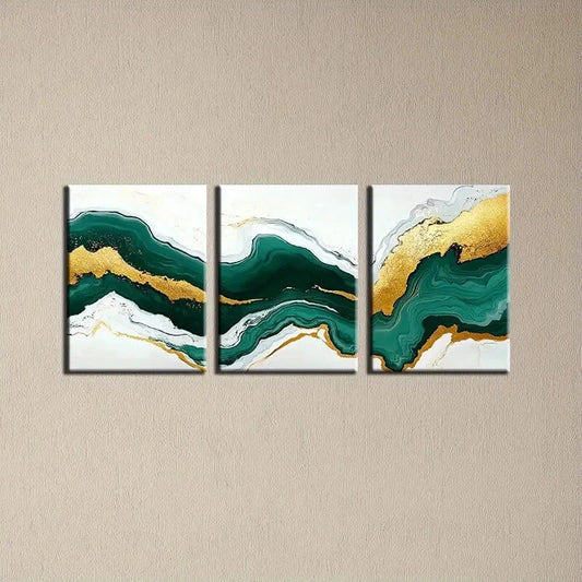 3pcs Abstract Marble Golden & Teal Swirls Metal Print Ready to Hang Art