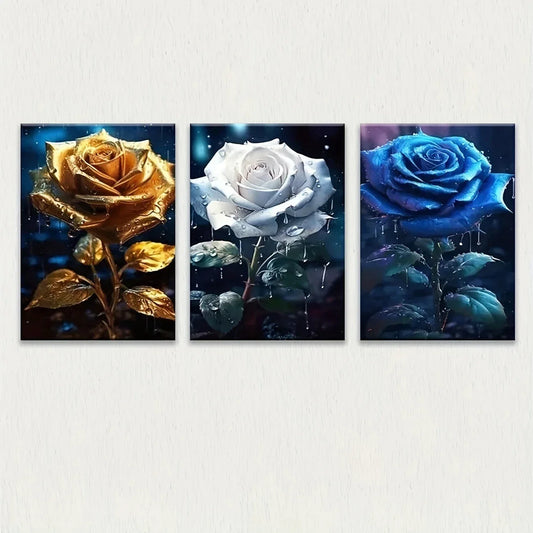 3pcs Golden White Blue Floral Metal Print Ready to Hang Art