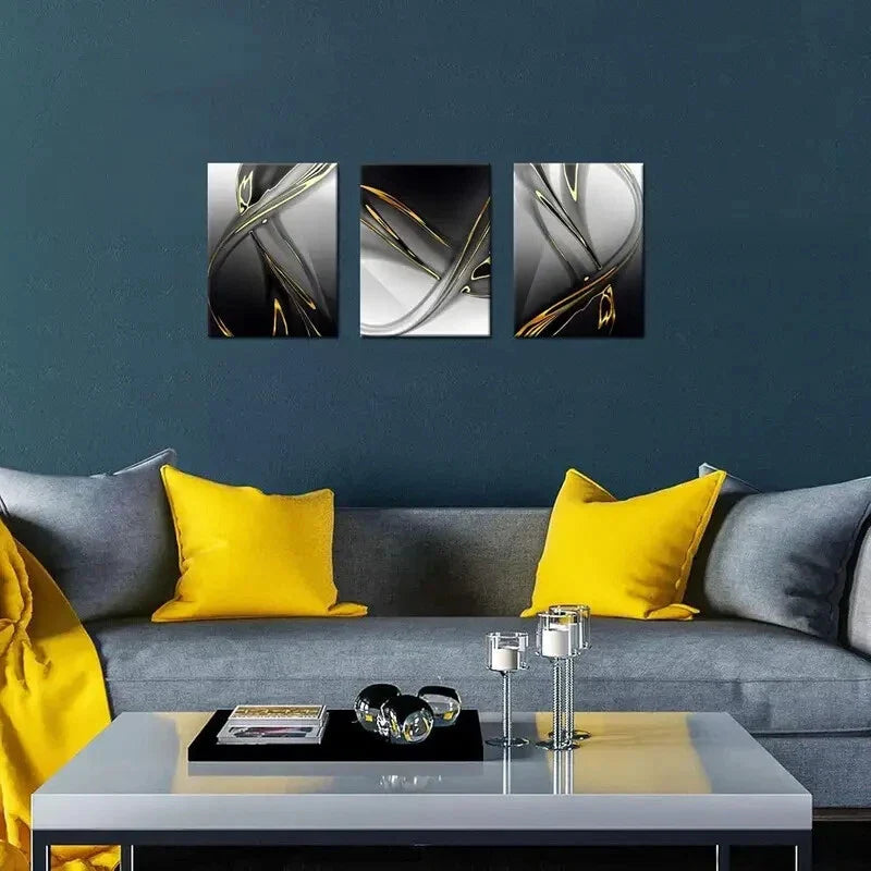 3pcs Golden Modern Abstract Black and White  Metal Print Ready to Hang Art