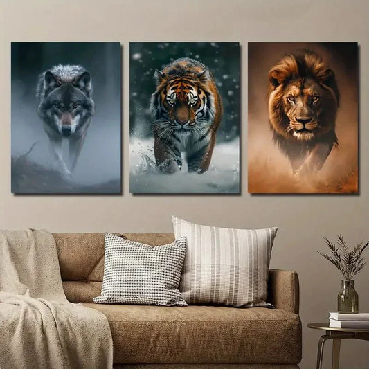 3pcs Forest Animals Wolf Tiger and Lion Metal Print Ready to Hang Art