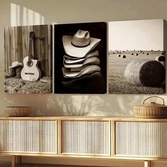 3pcs Hats & Haystacks Music Guitars Vintage Wall Art Set Canvas Framed 40x60cm - High Quality Print 100% Australian Made Wall Canvas Ready to Hang