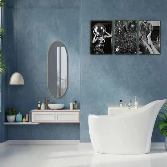 3pcs Black and White Disco Ball Modern Abstract Metal Print Ready to Hang Art
